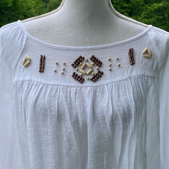 Zac & Rachel Womens White Gauze Semi Sheer Wood Beaded Peasant Blouse Size 1X - Picture 2 of 5